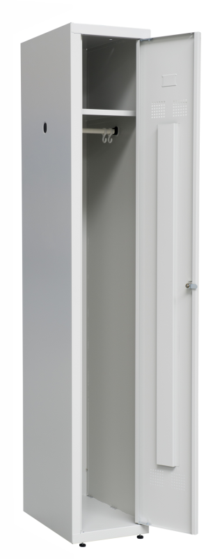 Stahl-Kleiderschrank mit 1 Tür, Hutboden und Kunststoff-Kleiderstange inkl. 2 Kleiderhaken Stahl-Kleiderschrank mit 1 Tür, Hutboden und Kunststoff-Kleiderstange inkl. 2 Kleiderhaken